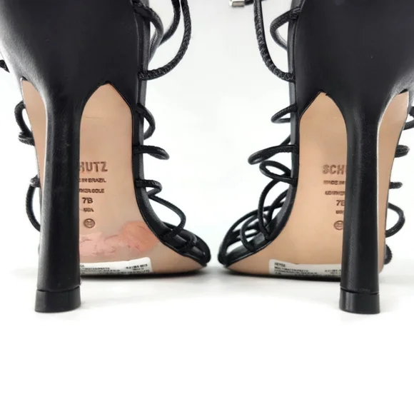 Schutz Heyde Black Leather Strappy Wrap Around & Tie Open-Toe High Heel Sandals - Picture 8 of 11